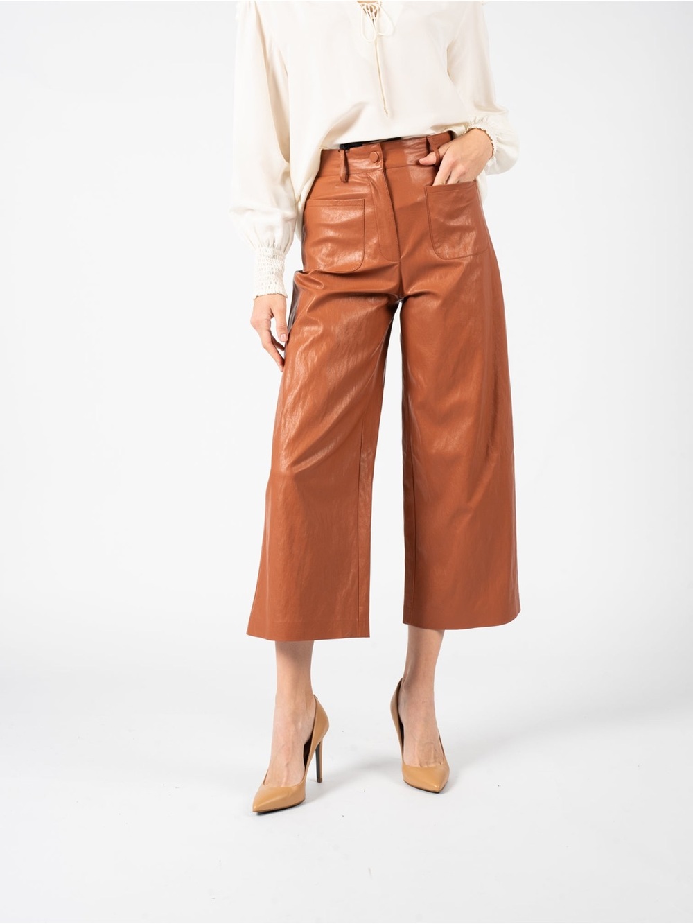 Pinko Wide-Leg Faux Leather Pants in Rust Brown